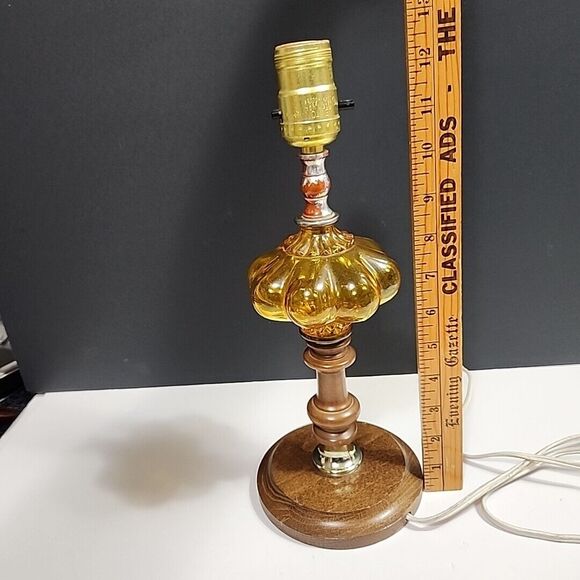 VTG Accent Table Lamp Amber Convex Bubble Glass, Wooden Base, Wood & Brass 12.5" - Picture 13 of 14
